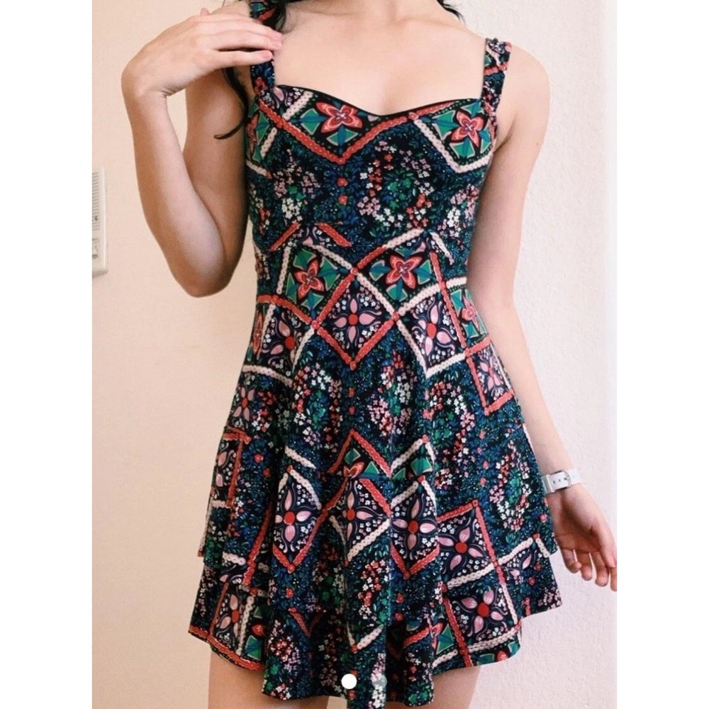 Free People Women's Size XS Black Pink Green Fit Flare Mini Dress Flirty Cute
